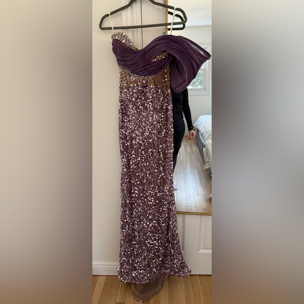 Elegant One-Sleeve Strapless Purple Sequin Gown- Tabja Diana Gown